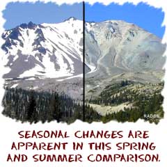 seasonal comparison of mount lassen in sping with snow and summer with dry mountainsides